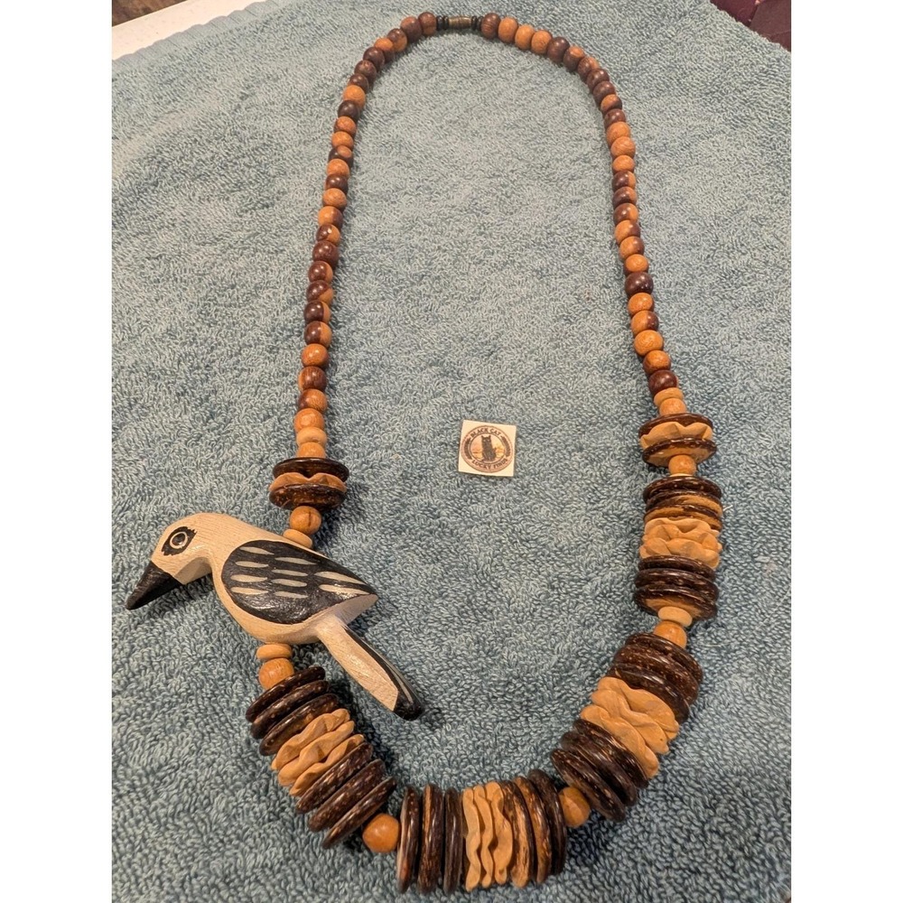 Vintage Hand Carved Wood Bird Necklace Bead Boho Tropical Statement Brown